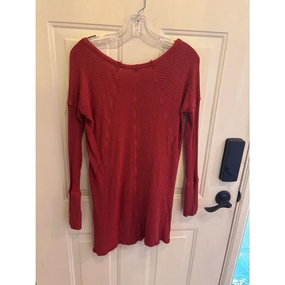 Free People Rust Red Waffle Knit Long Sleeve Top